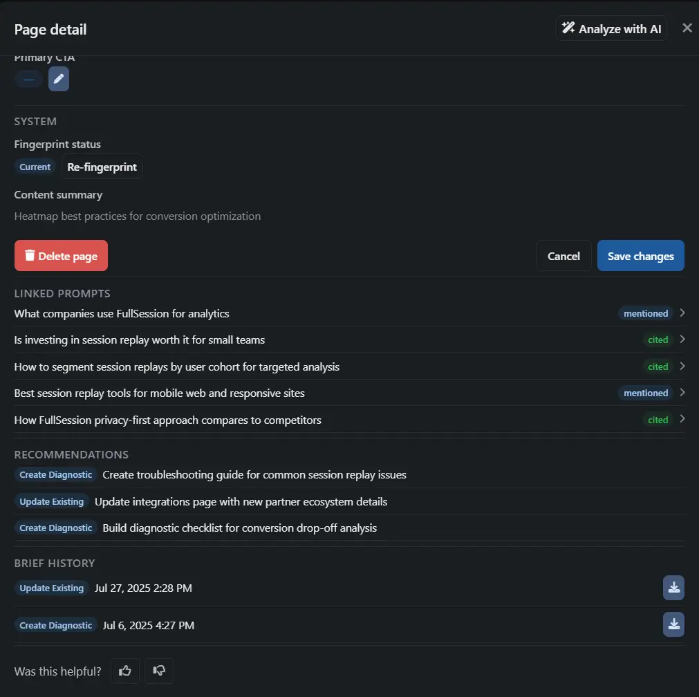 Content detail panel showing AI fingerprint status, content summary, primary KPI and CTA fields, topic cluster, and linked prompts