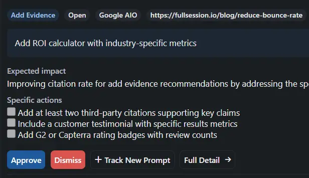 Detail modal showing action pack chips and recommendation impact chart