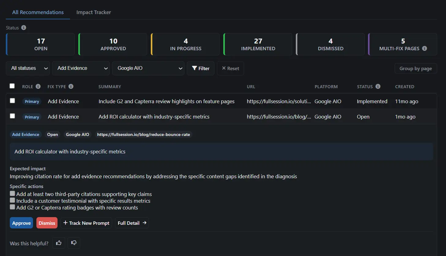 Recommendations list with expanded row showing gap summary, expected impact, and specific actions checklist