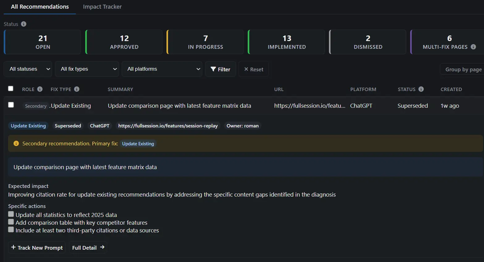 Recommendation detail showing fix type badge, target URL, and specific actions checklist